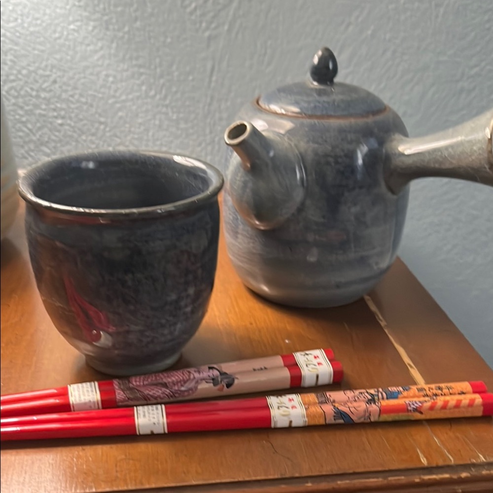 Elegant Blue Ceramic Teapot and Cup Set